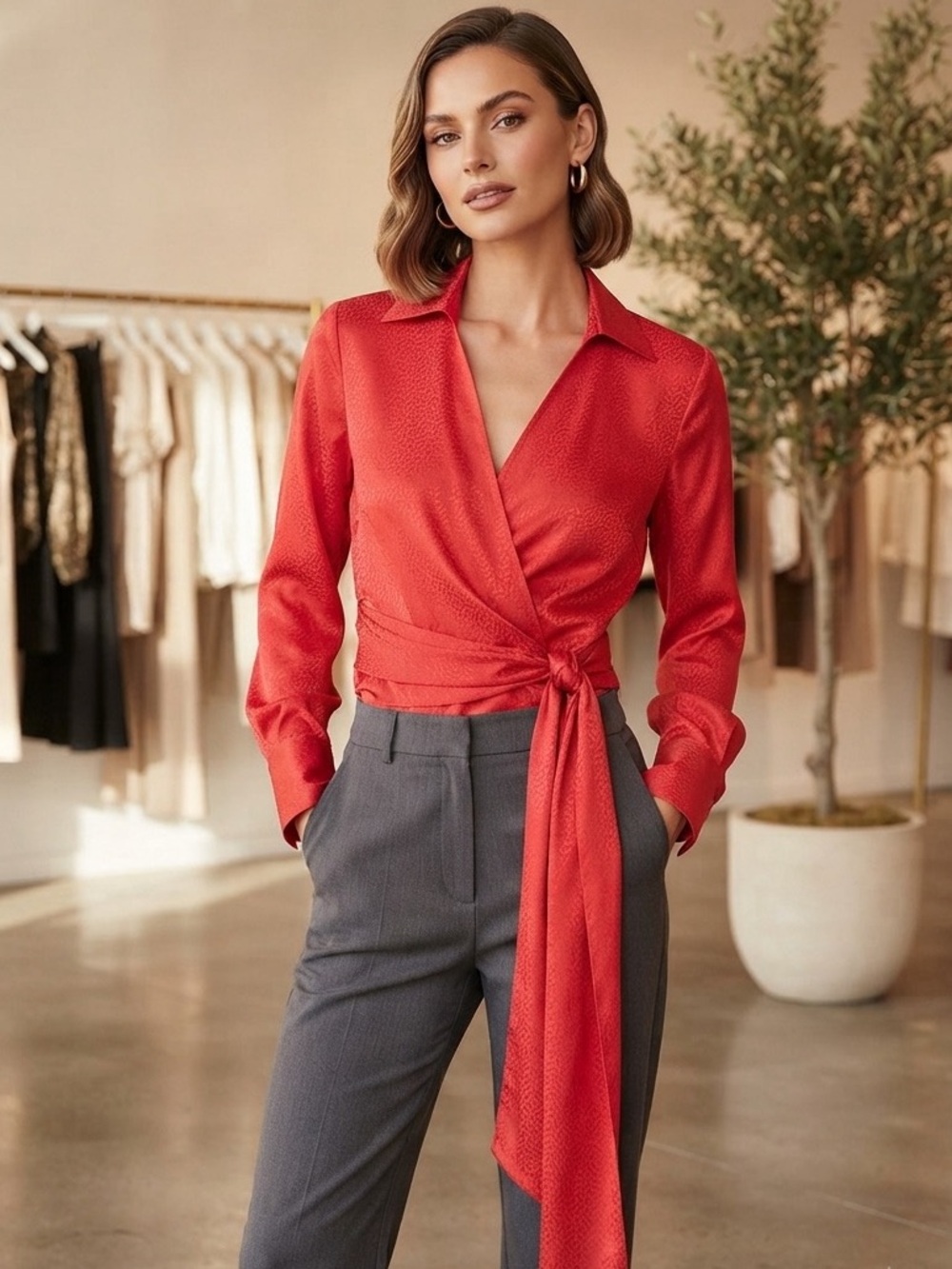 Ann Taylor Red Wrap Blouse with Side Tie